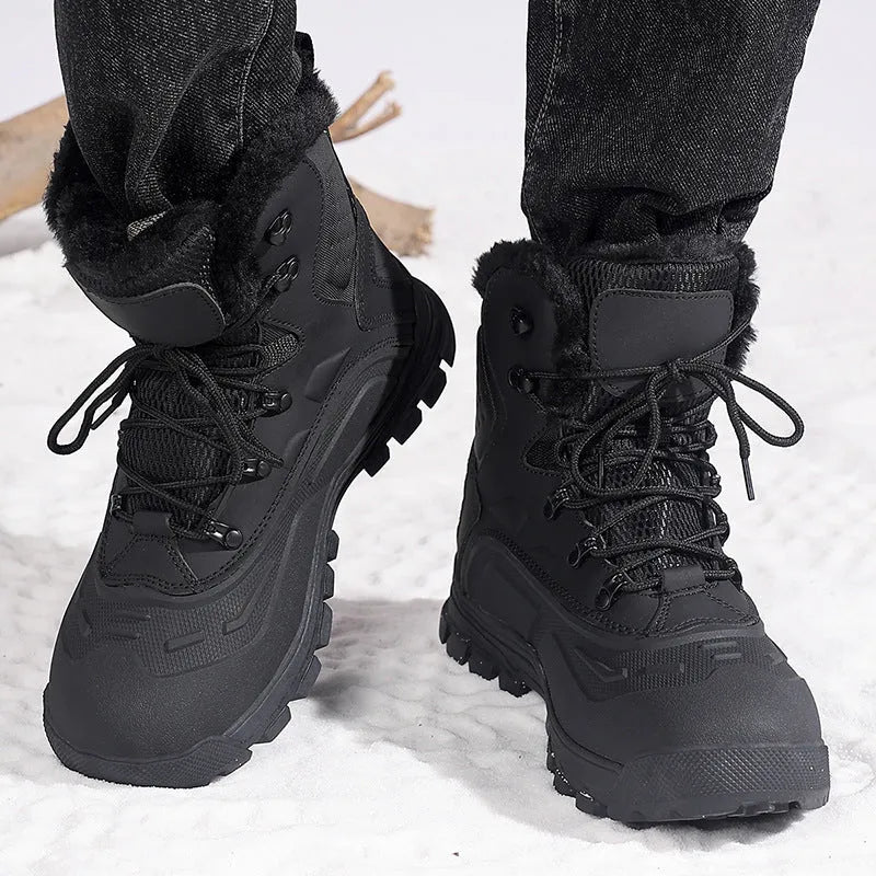 Men's black high-top lace-up winter boots with fleece lining, shown on a size 45 foot.