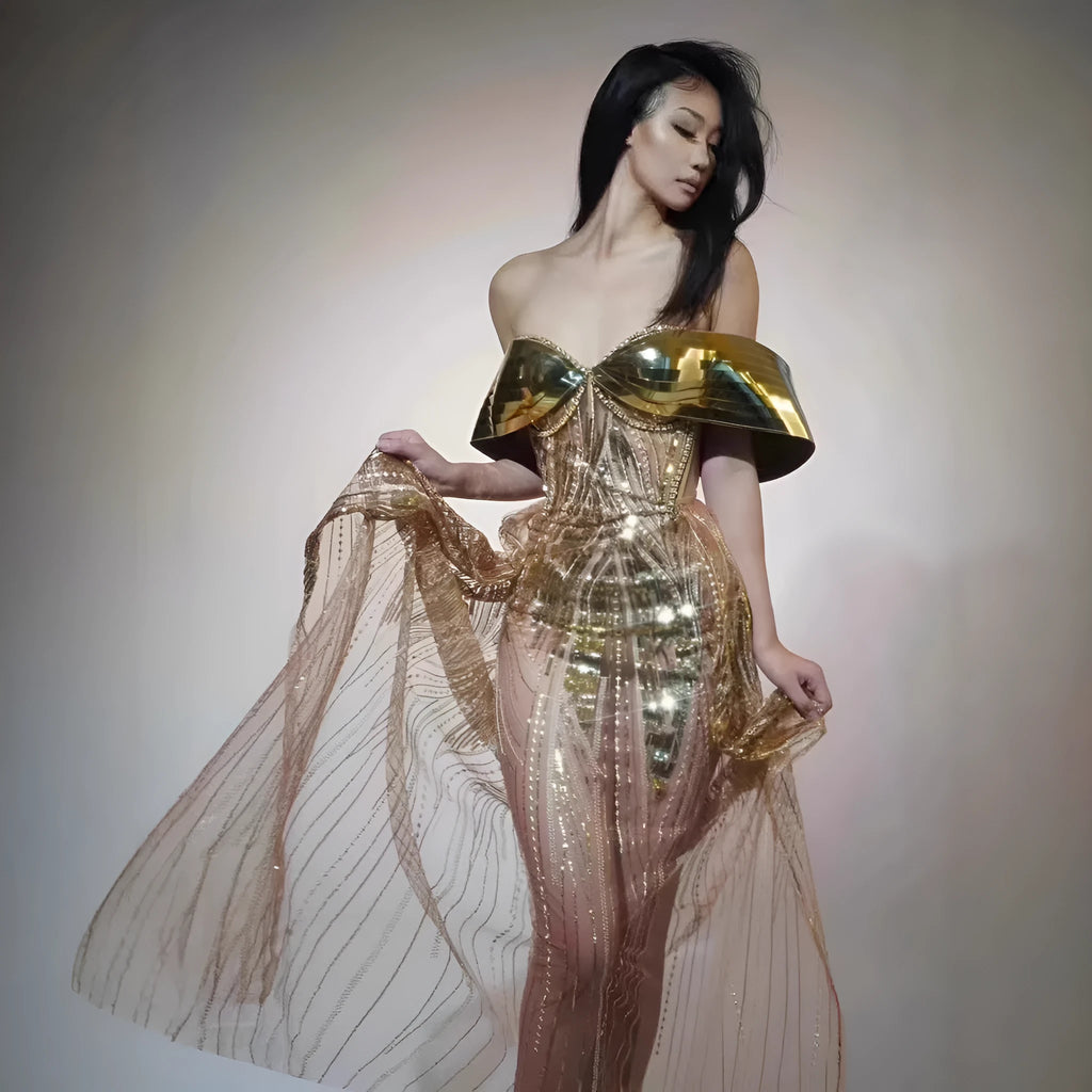 Gold strapless sequin dress with split skirt and tube top for women's formal occasions