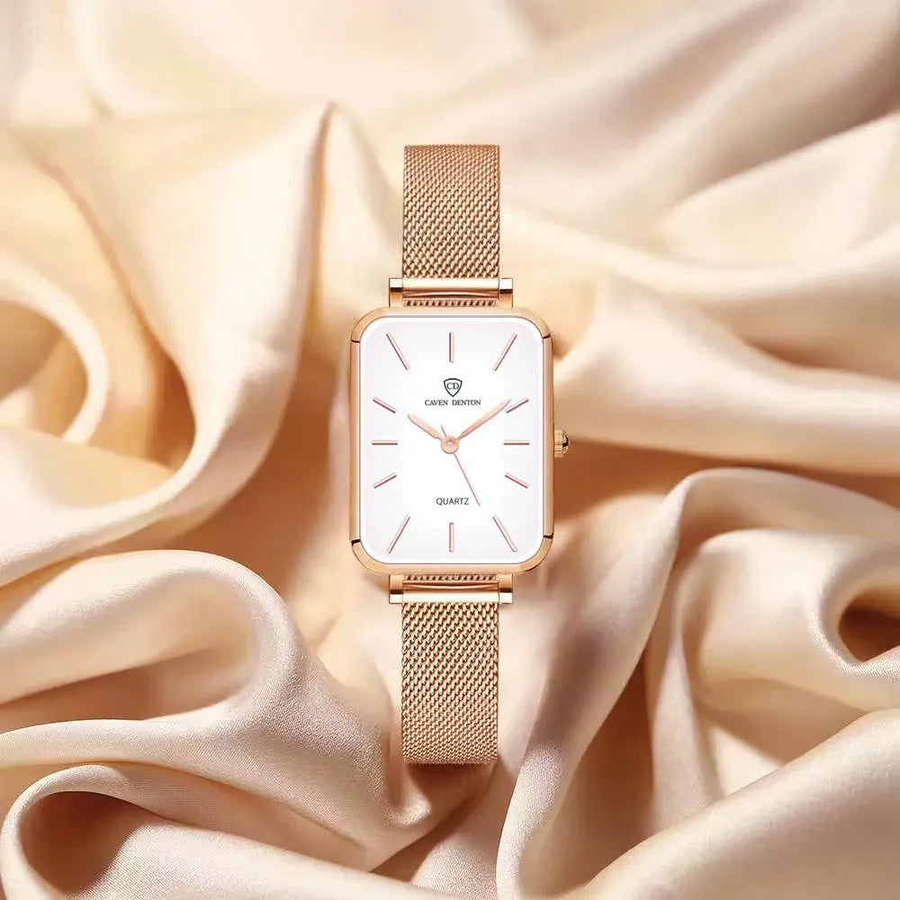 Women's waterproof quartz watch with alloy case and woven steel bracelet in rose gold or silver colour