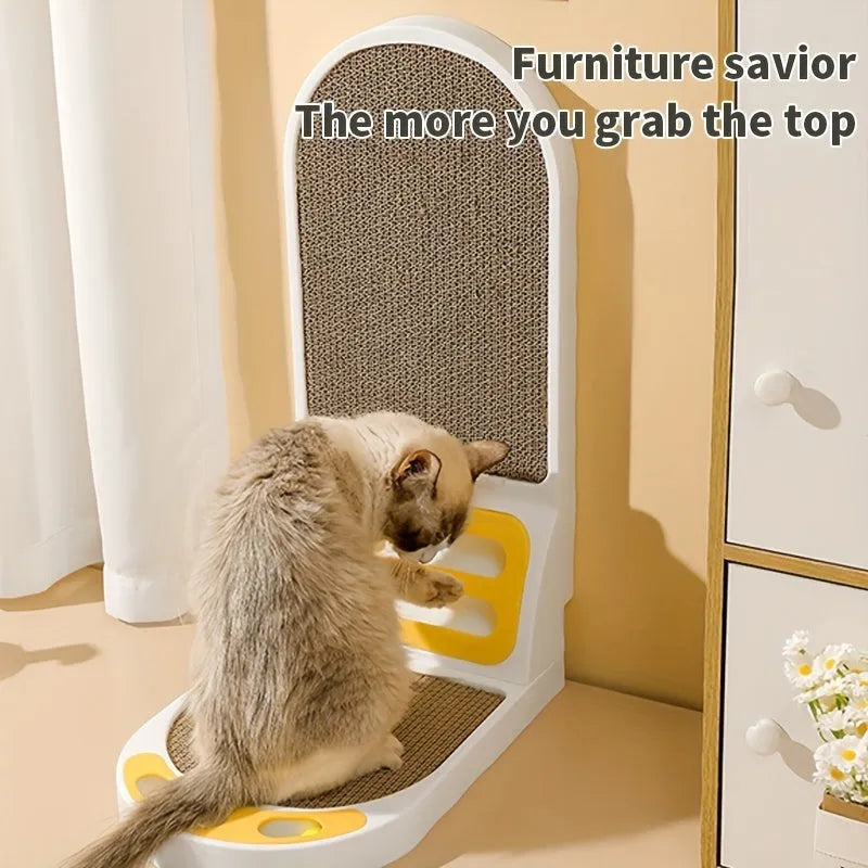 Grey L-shaped vertical cat scratching board with sisal fibre surface in a room corner.