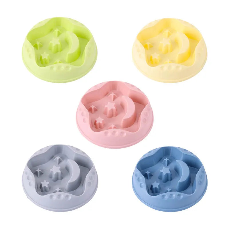 Moon star wings design slow feed dog bowl in blue with raised centre and anti-slip base