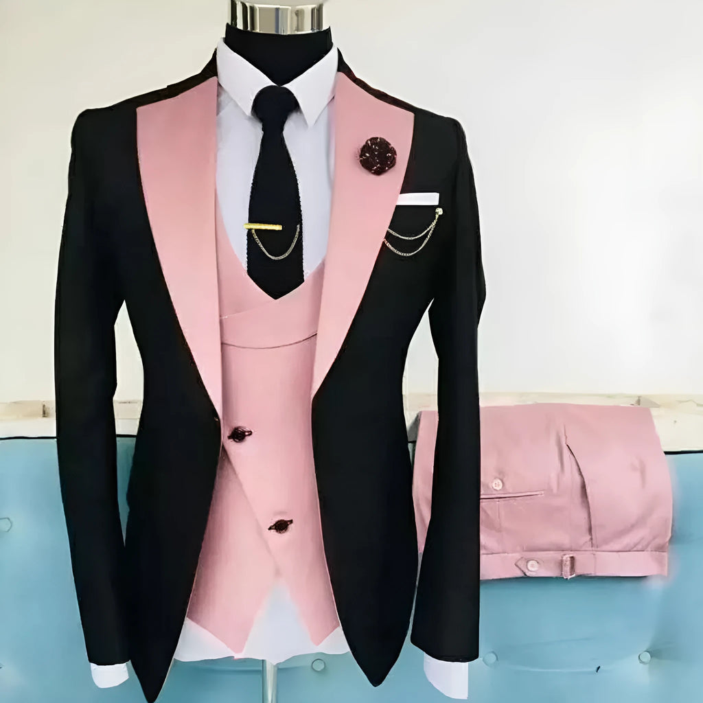 Men's slim fit three-piece business suit in cotton for weddings with vest and trousers
