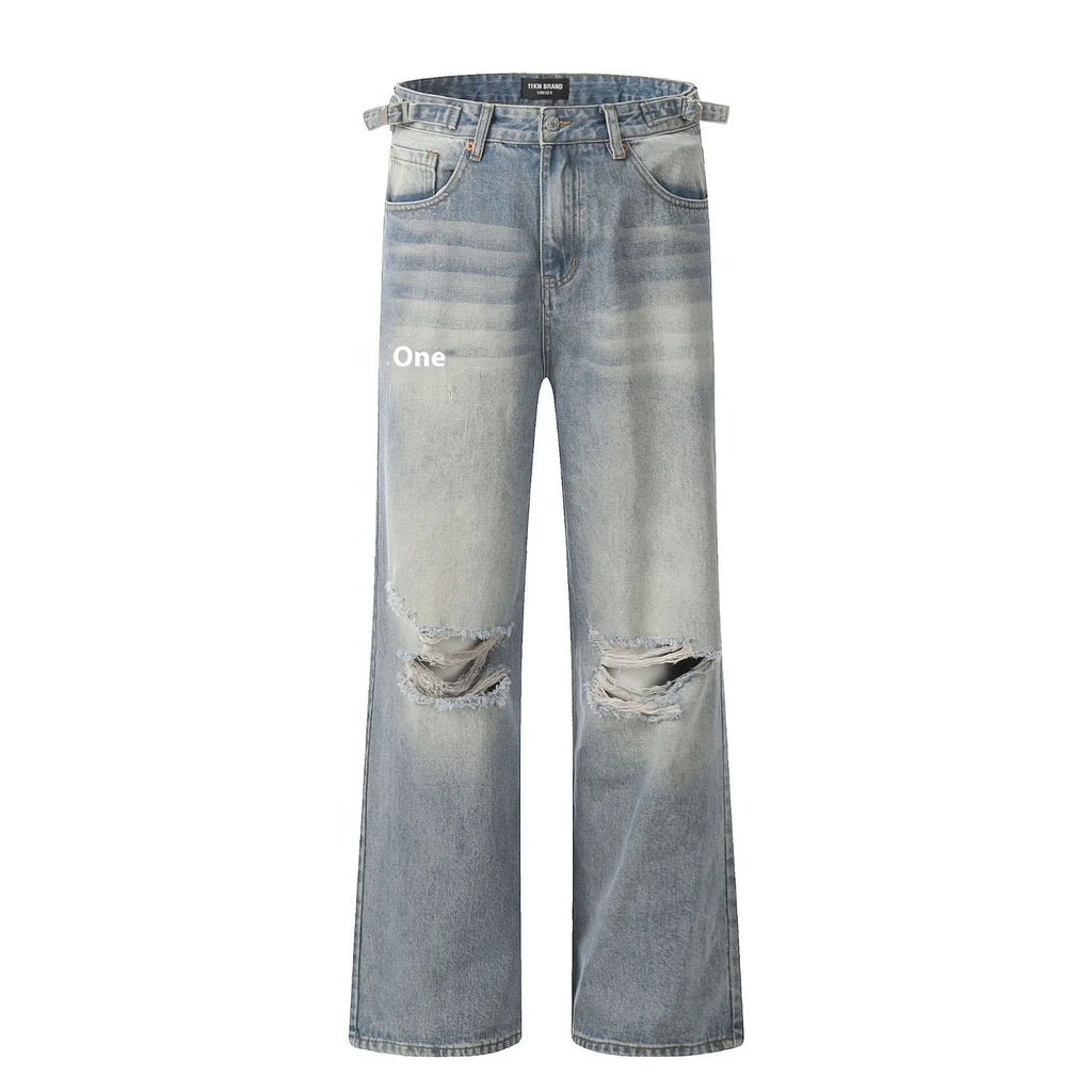 Men's blue straight-leg jeans with retro styling and zipper fly