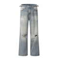 Men's blue straight-leg jeans with retro styling and zipper fly