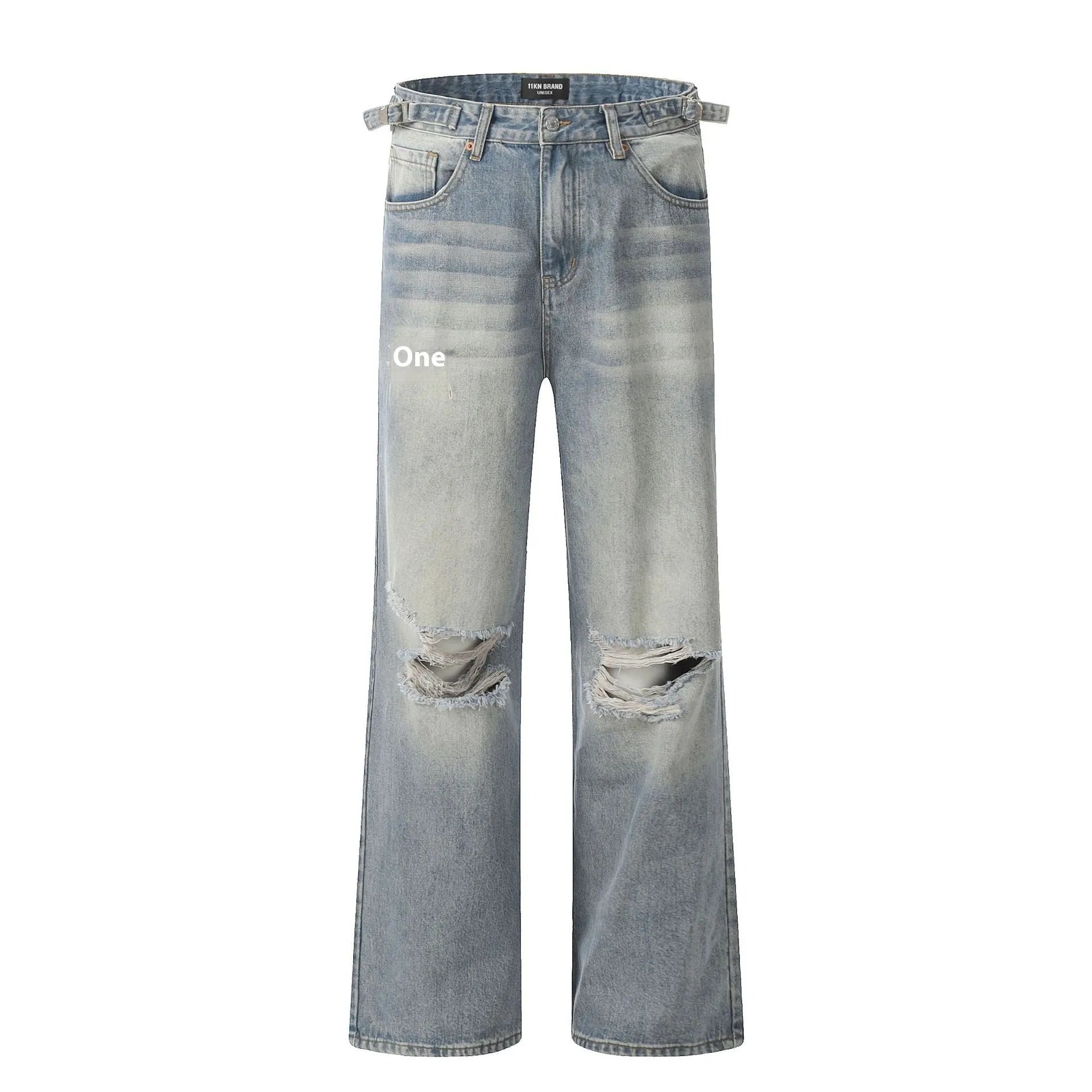 Men's blue straight-leg jeans with retro styling and zipper fly