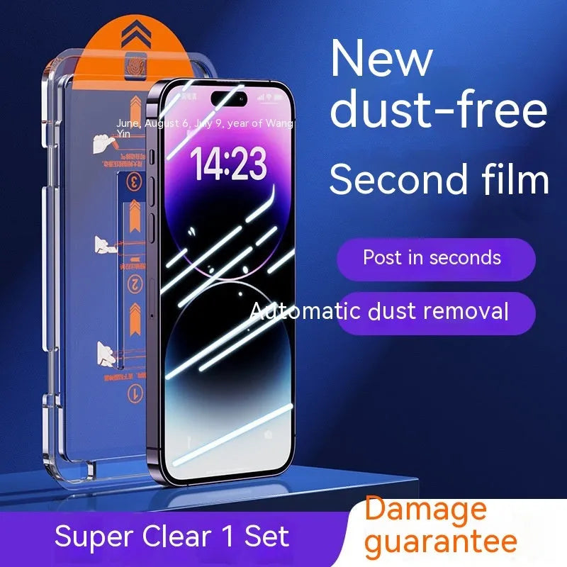 iPhone tempered glass screen protector with privacy and anti-purple light features on a mobile phone.