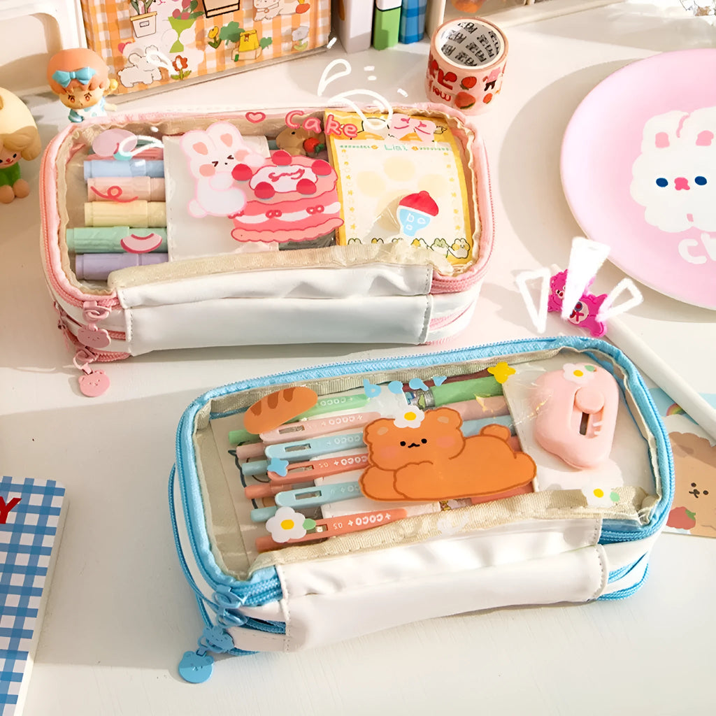 Japanese transparent heart pen bag with rabbit design showing pens inside