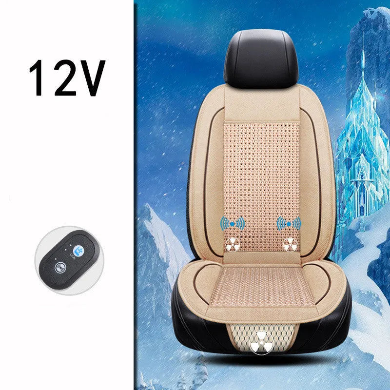 Square black car seat cushion with ventilation and massage functions on a car seat.