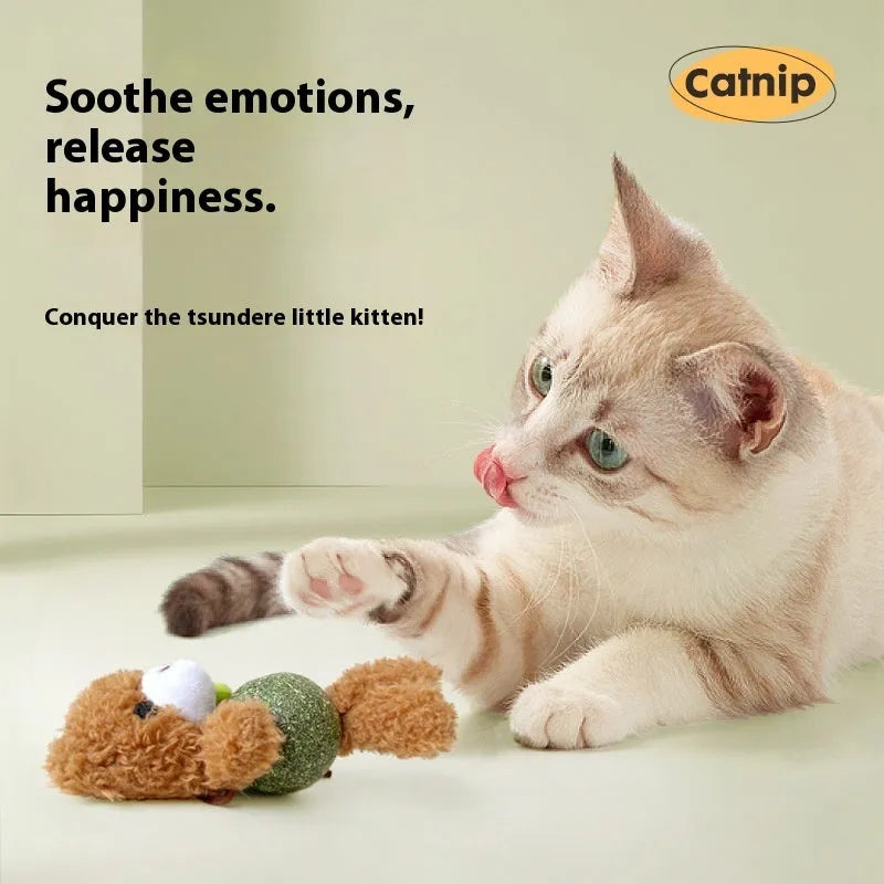 Plush cat toy shaped as a bear, rabbit, frog or bird with a mint ball, measuring 15cm high.