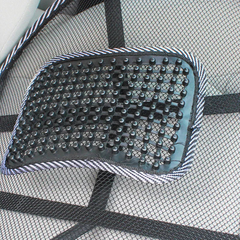 Black leather-textured lumbar support pillow for car seats measuring 41x39 cm