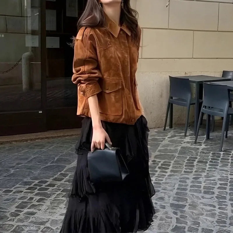 Women's brown suede-effect polyester coat with regular sleeves, street chic styling