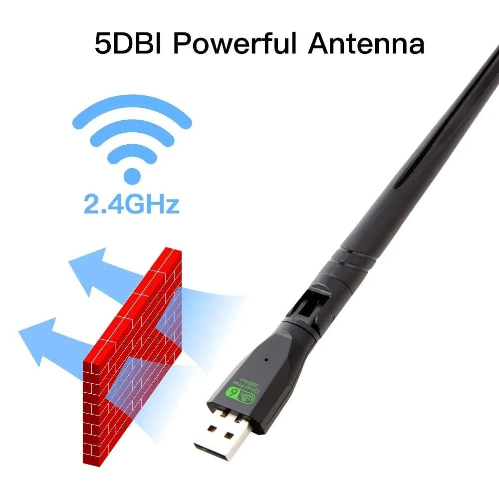 Black USB WiFi6 wireless network card with driver software included for desktop and laptop connectivity