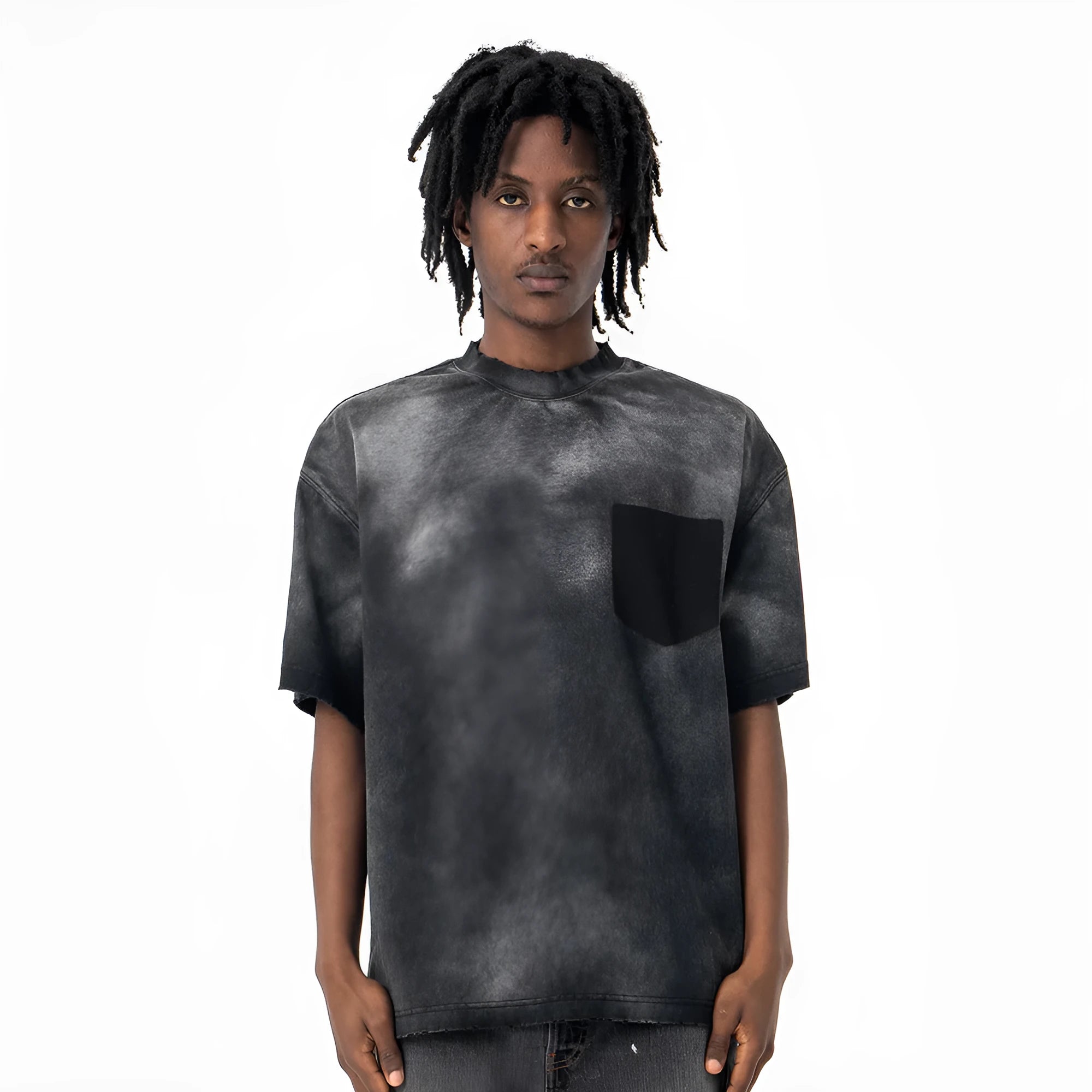 Black men's cotton t-shirt with printed letter pattern and drop-shoulder sleeves in loose street fashion style