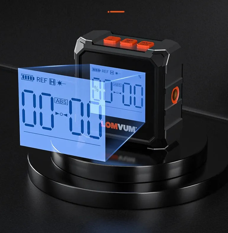 Digital laser infrared woodworking tape measure with alloy casing and backlit display.