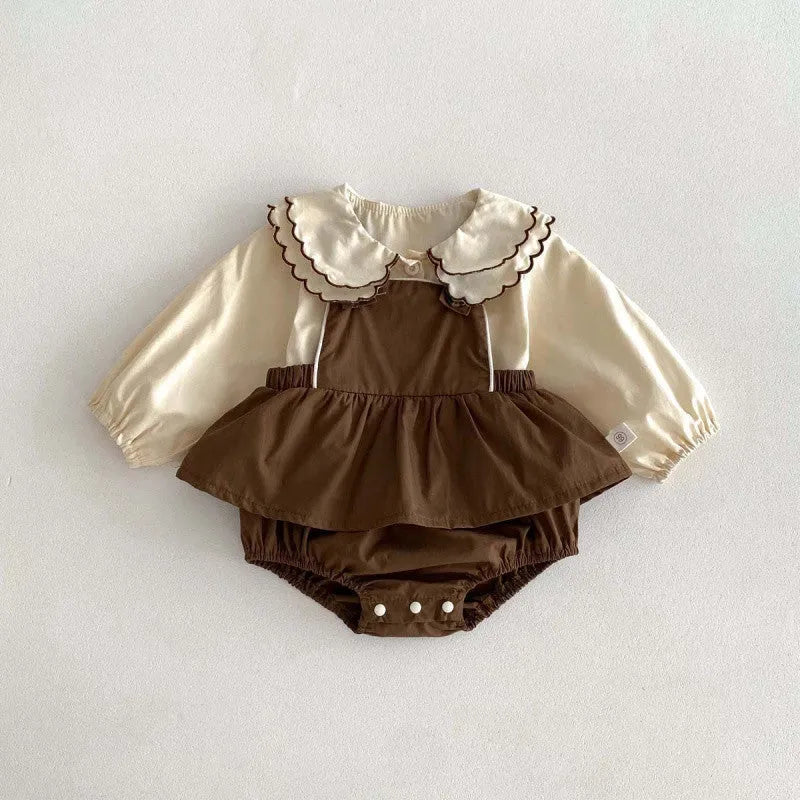 Girls' brown coffee long-sleeved cotton suspender romper with doll collar shirt and jumpsuit two-piece set