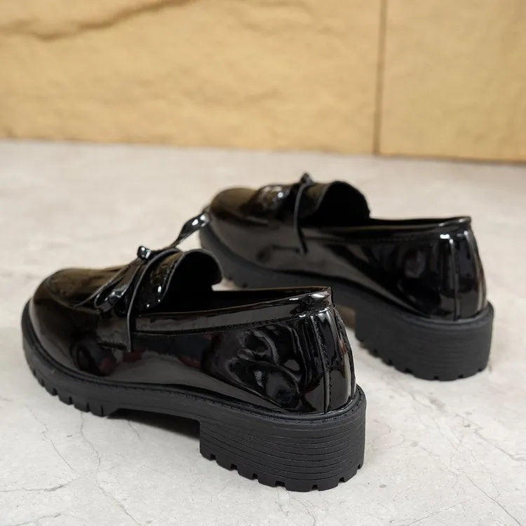 Women's brown and black bow loafers in artificial PU leather for spring and autumn seasons