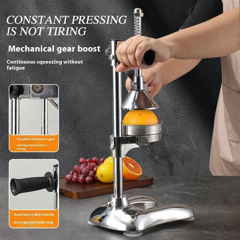 Vertical stainless steel manual juicer with interchangeable pointed, flat and double heads in multiple colours.