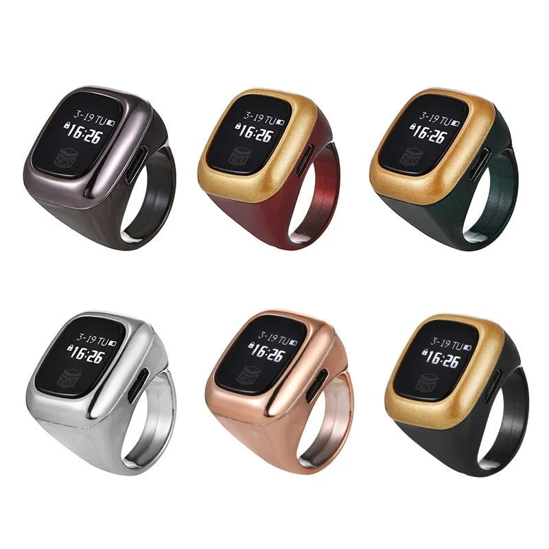 Al-Fatiha electronic zikr counter with digital display on a wrist, shown in rose gold colour with a 20mm band.