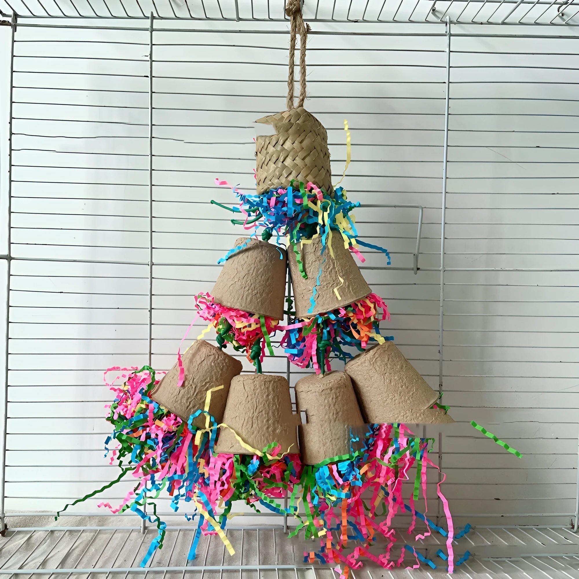 Wood-colour woven paper cup bird gnawing toy hanging at 38cm length
