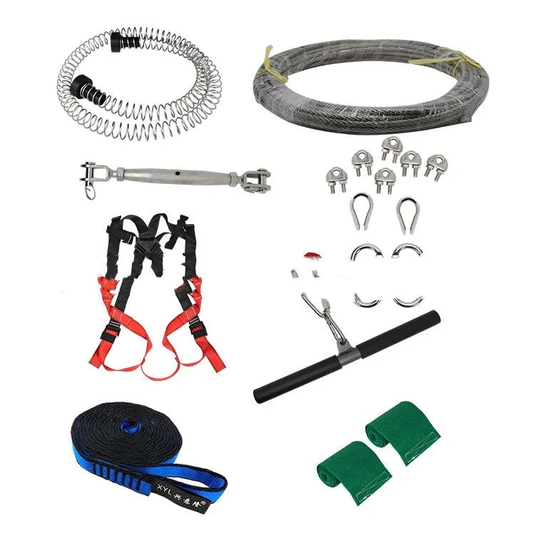 10 metre children's outdoor pulley slide rope with alloy steel mechanism and safety accessories