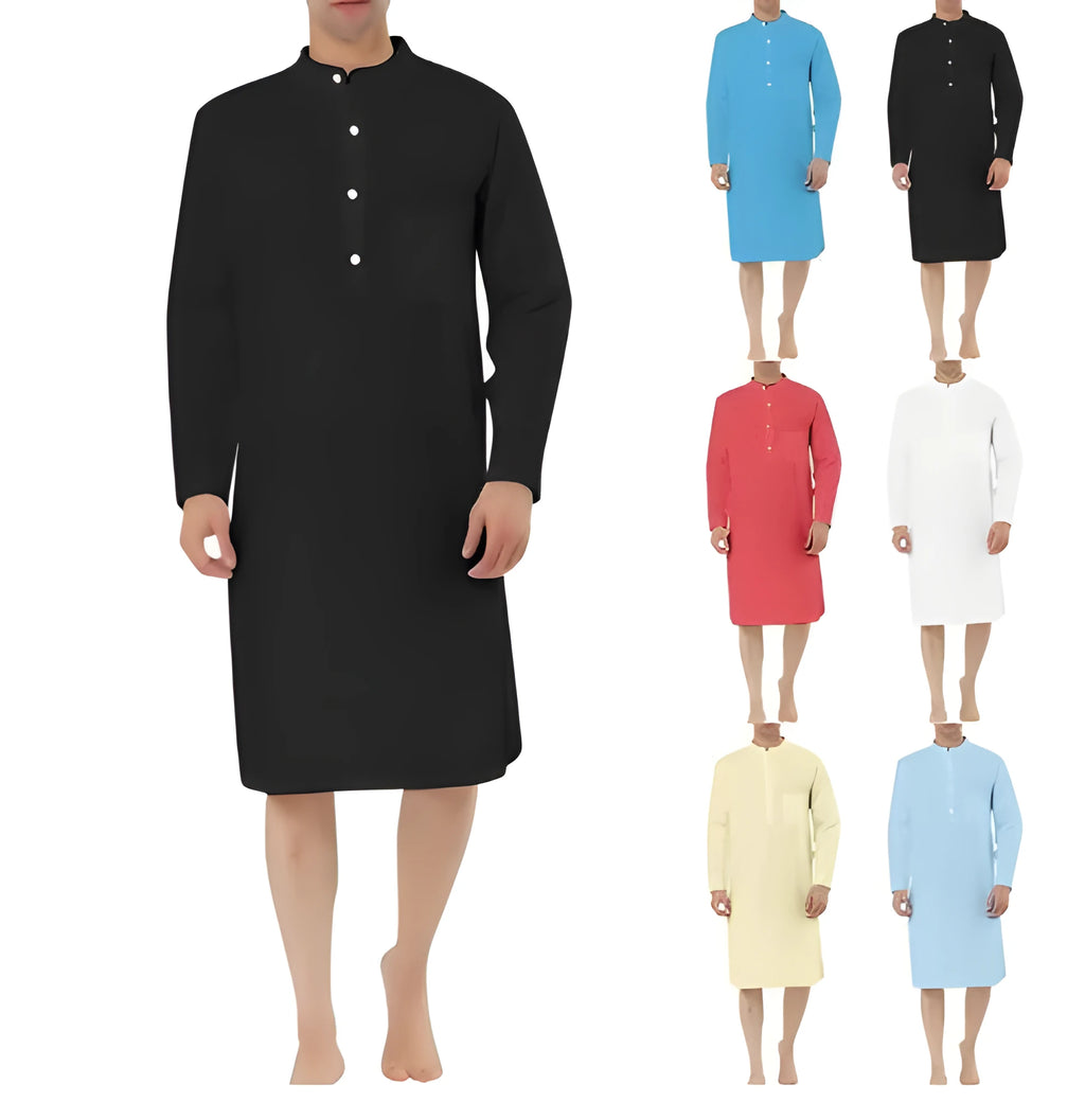 Men's simple pocket shirt robe in cotton fabric, shown in a selection of available colours.