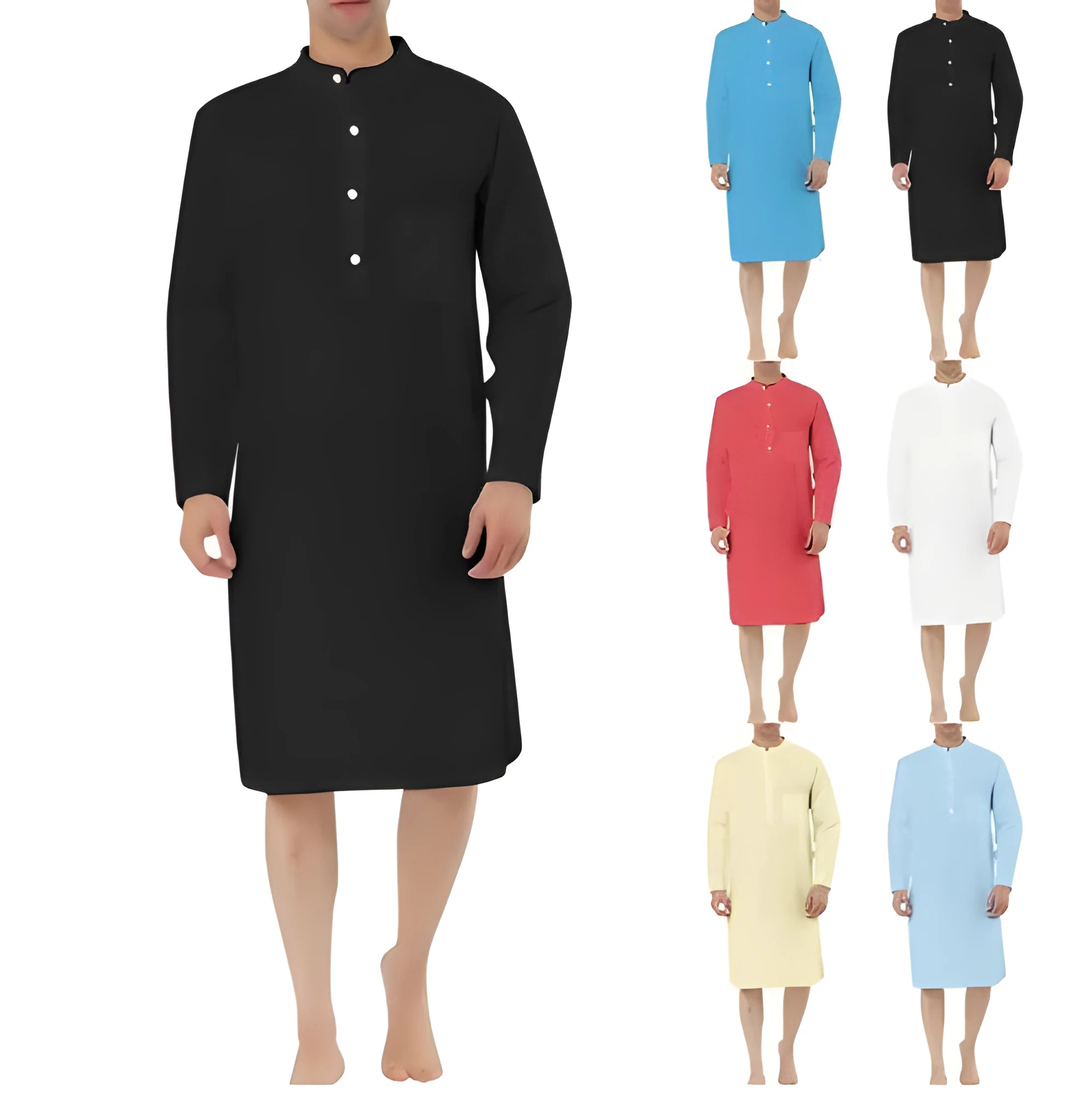 Men's simple pocket shirt robe in cotton fabric, shown in a selection of available colours.