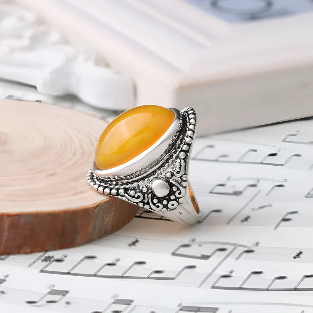 Fluorescent beeswax alloy plating ring in antique silver amber colour with geometric retro design