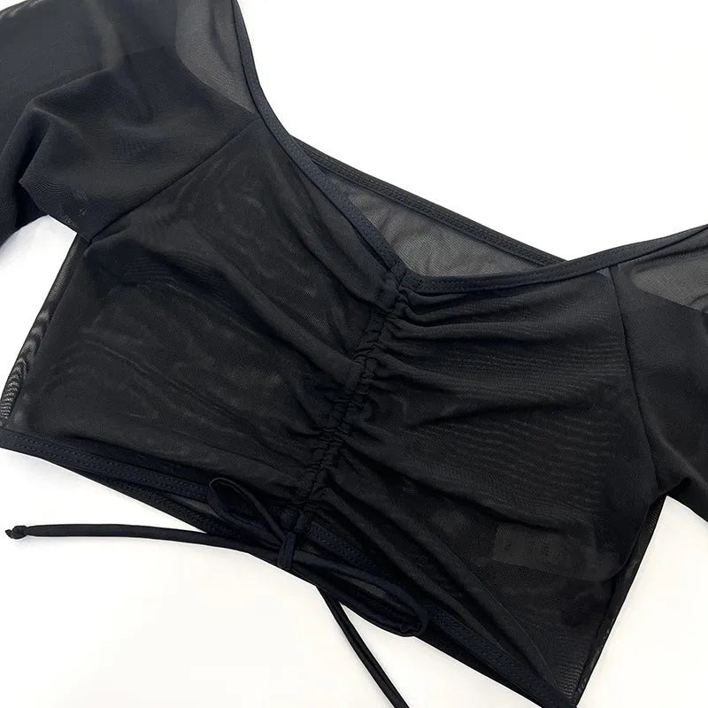 Black mesh four-piece bikini swimsuit with long sleeves for women