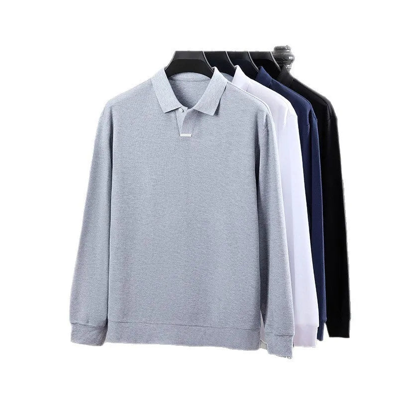 Men's loose fit pure cotton polo shirt with long sleeves and a lapel collar, shown in black.