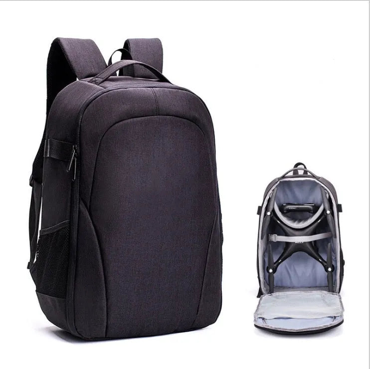 Black Oxford cloth drone backpack with multiple compartments for camera and equipment storage