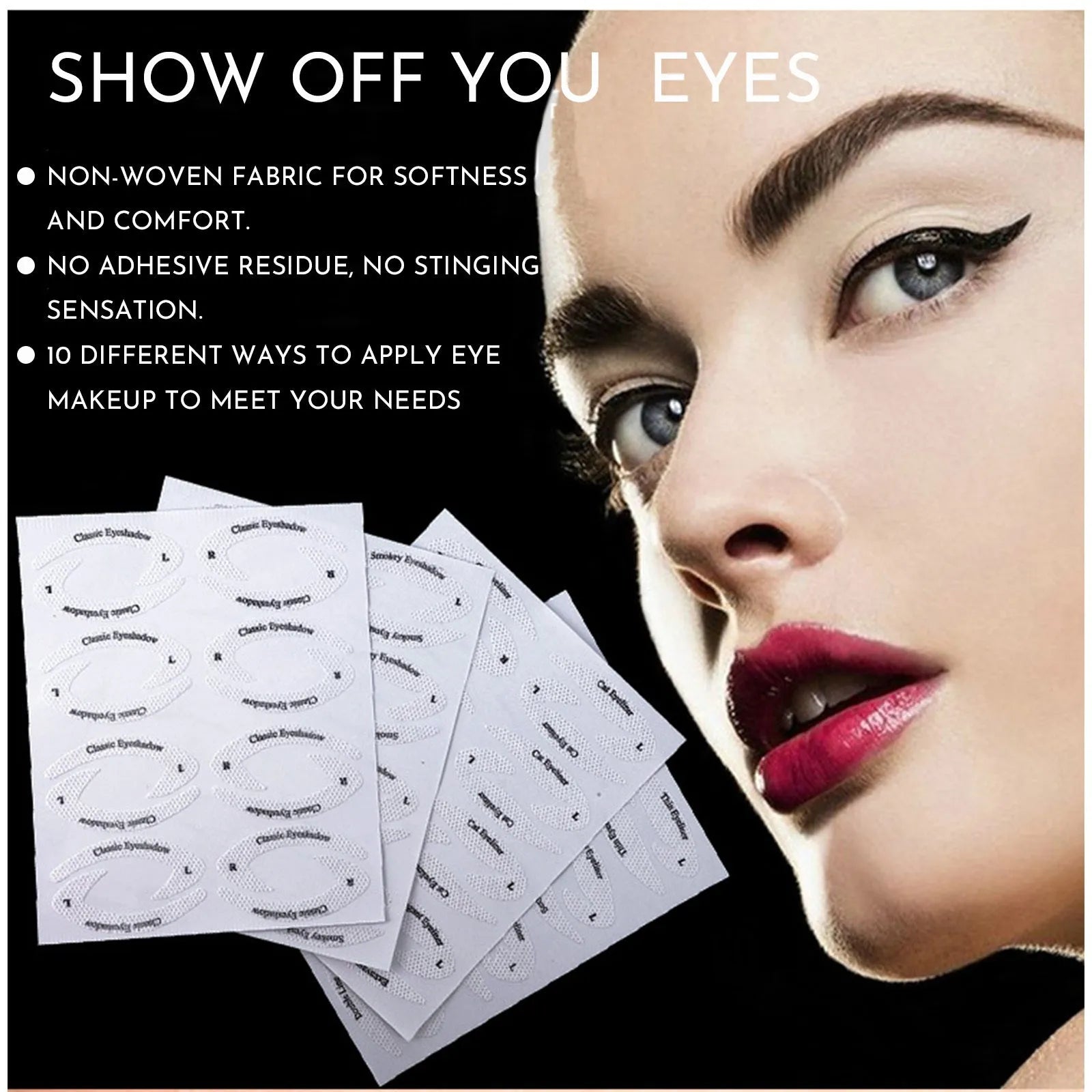 Set of four reusable flexible eyeliner sticker templates for creating winged and cat-eye makeup looks.