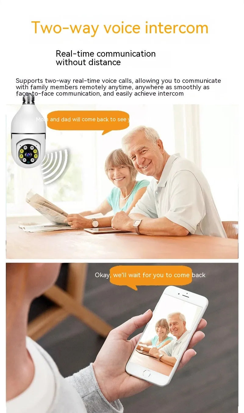 Wireless bulb security camera with metal and plastic housing, measuring 5cm by 12cm.