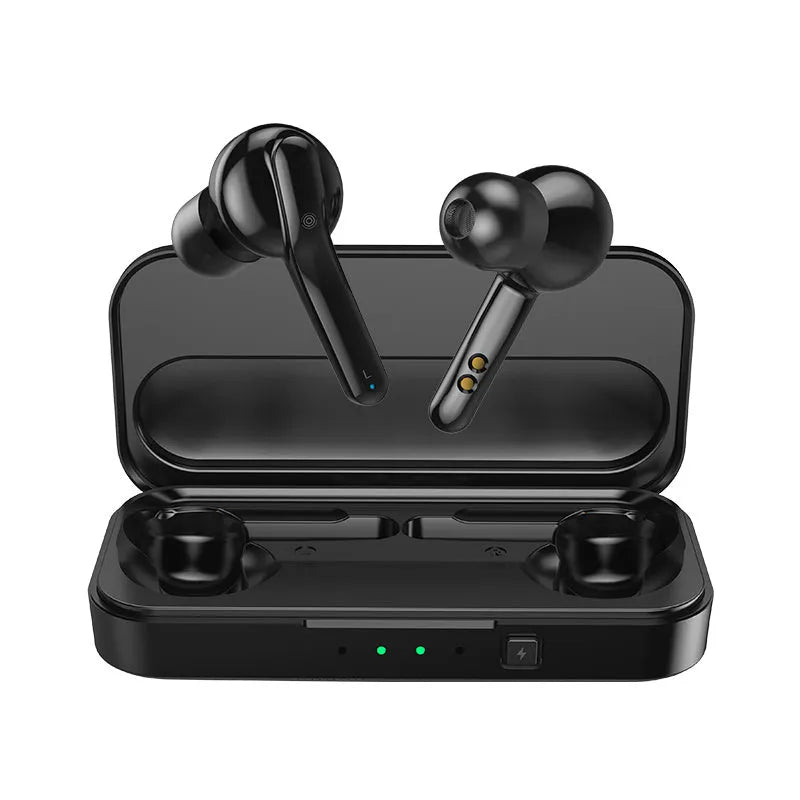 Black and white TWS wireless Bluetooth 5.0 headphones with IPX5 waterproof rating.