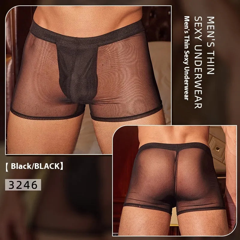 Men's black and white ultra-thin nylon boxer briefs shown flat.