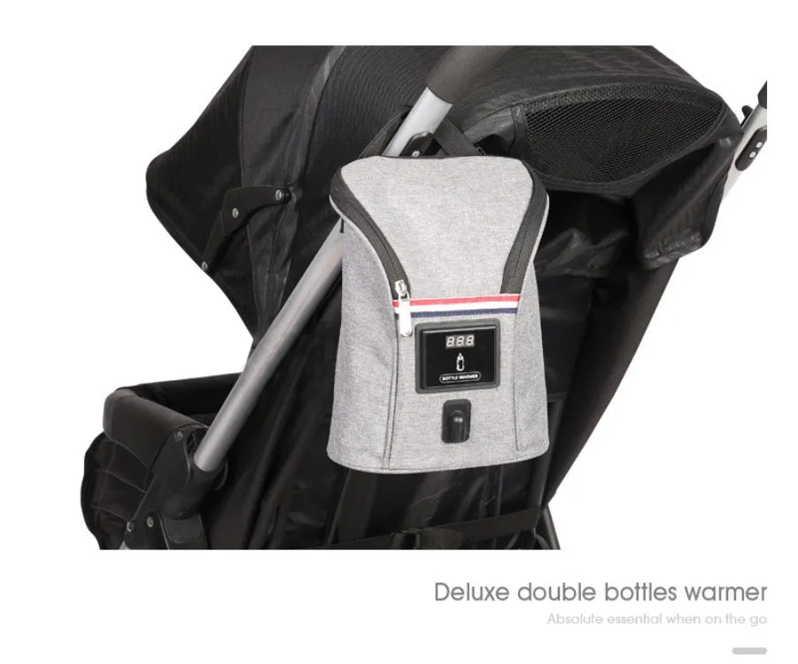 Grey Oxford cloth portable baby bottle warmer with car USB charging and temperature display