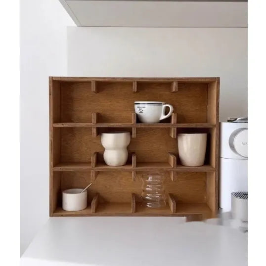Square solid wood cup storage rack with multiple grid compartments in birch meridian colour finish