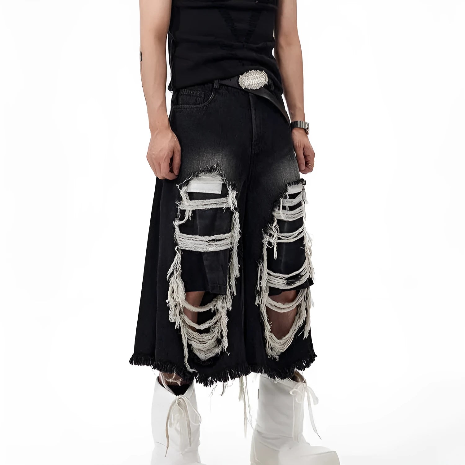 Black loose fit wide leg cropped jeans with a mid-high waist on a model.