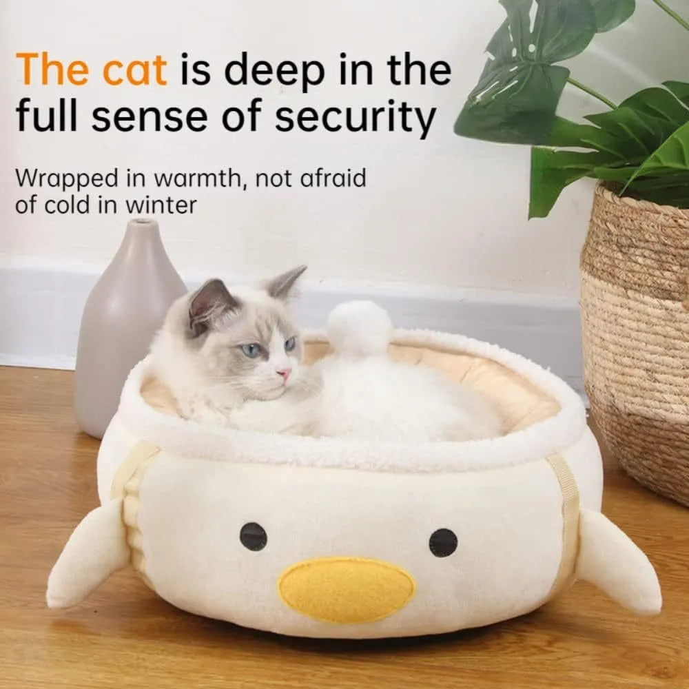 Green chick and dinosaur shaped cat bed shown both flat as a nest and hanging as a hammock for small pets.