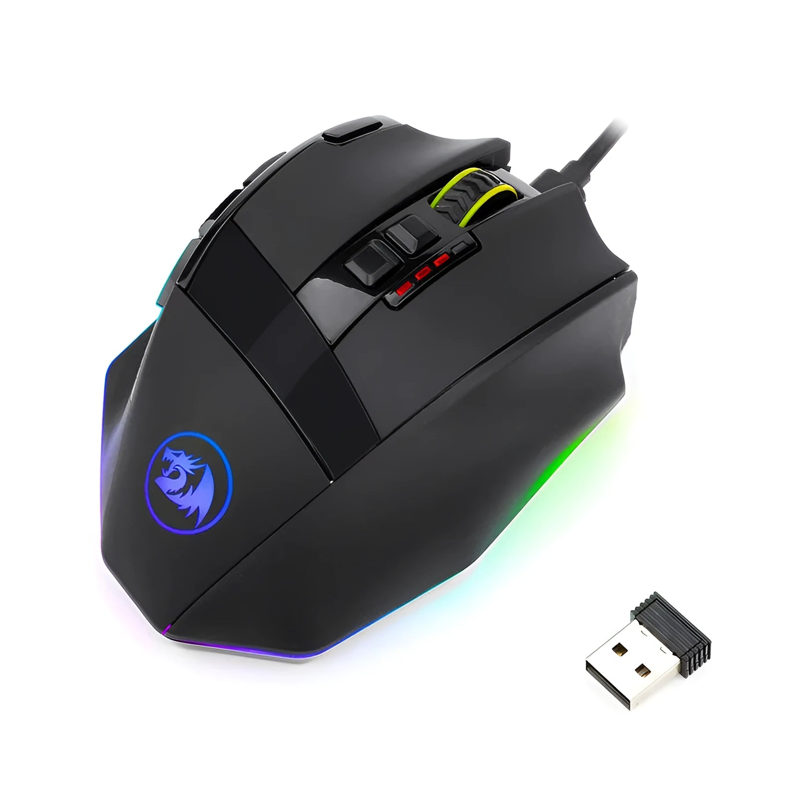 Redragon M801P black wireless gaming mouse with nine buttons and dual connectivity options