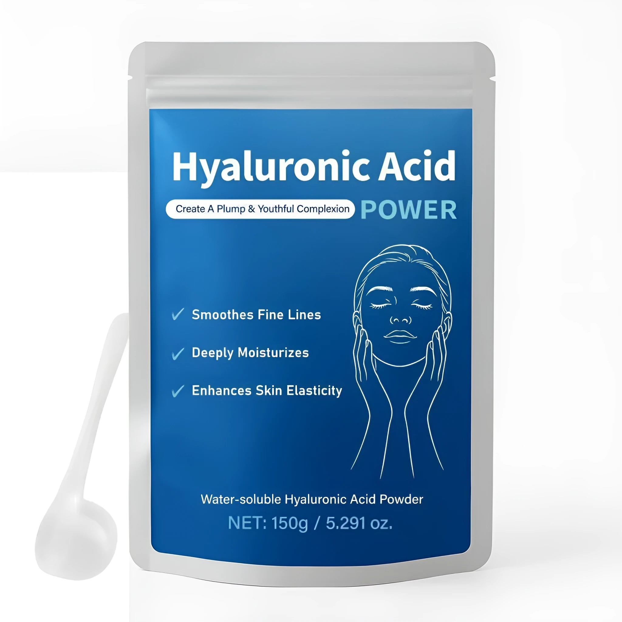 Jar of white hyaluronic acid powder, 150G net content, for DIY skincare mixing.