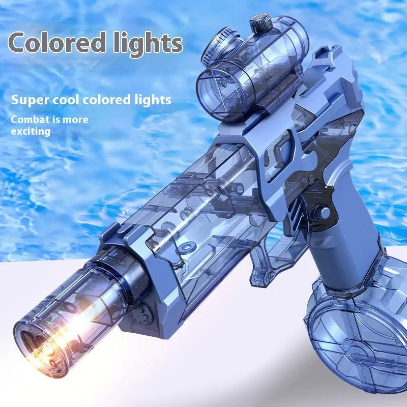 Fire Rat AC223 black and blue electric water pistol toy with LED lights on display
