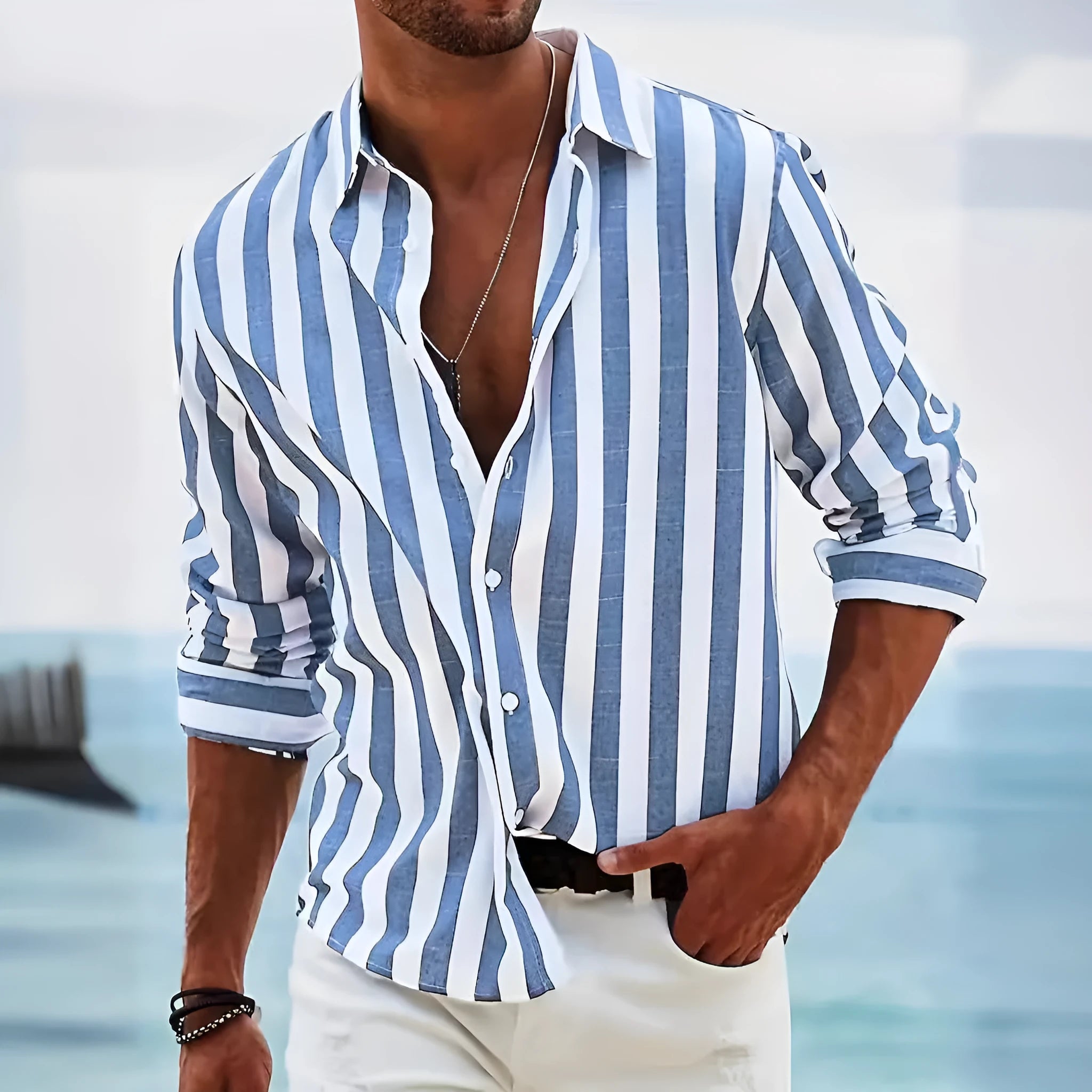 Men's yarn-dyed striped loose long-sleeved shirt in cardigan style with six colour options
