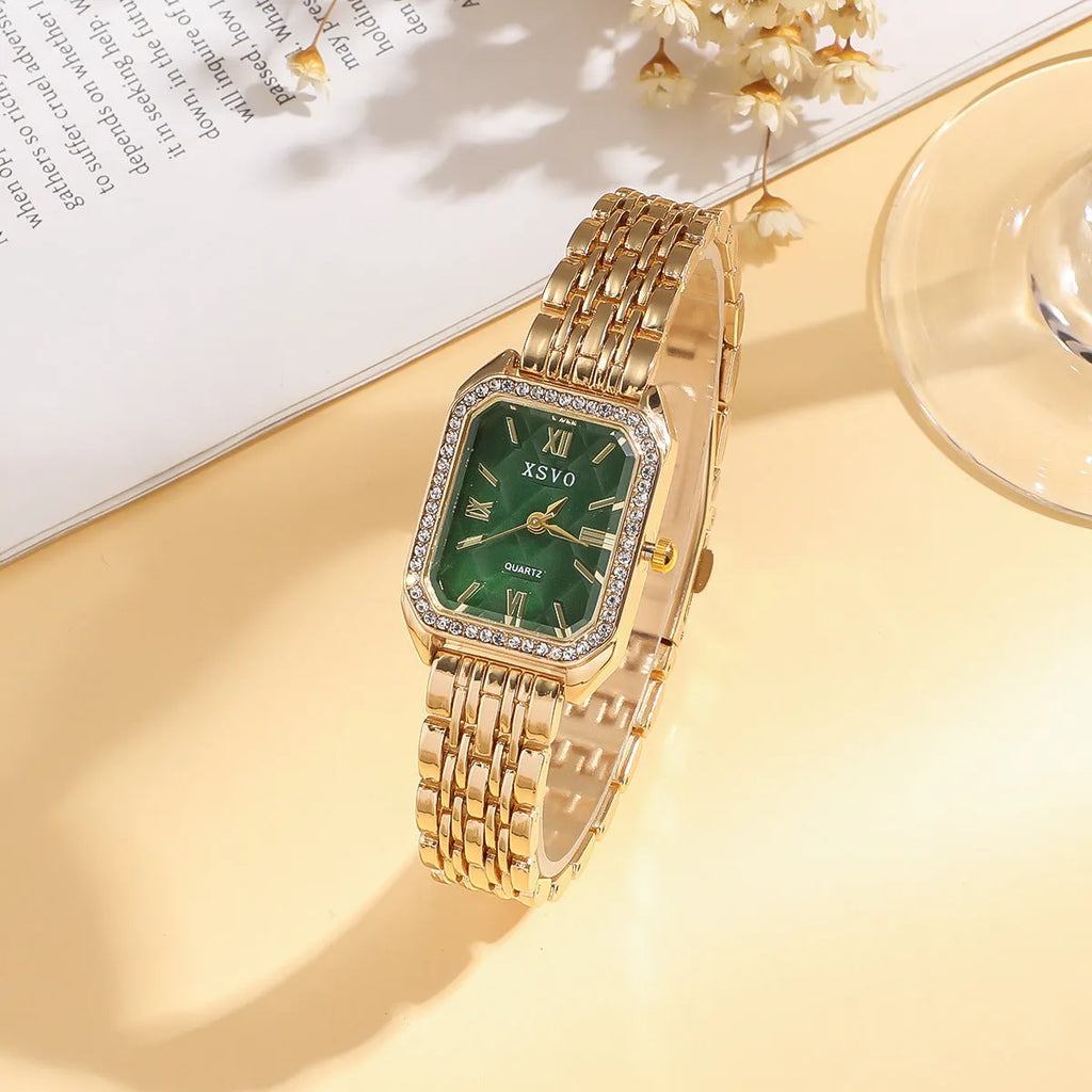 Gold green square women's watch with four matching bracelets in alloy case with jewellery buckle clasp