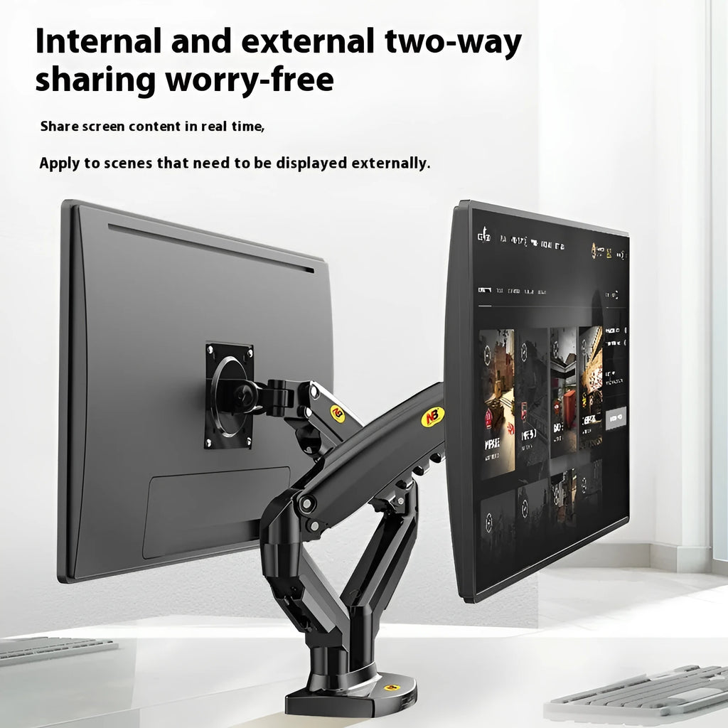 Gun black aluminium alloy dual computer monitor desk mount holding two screens