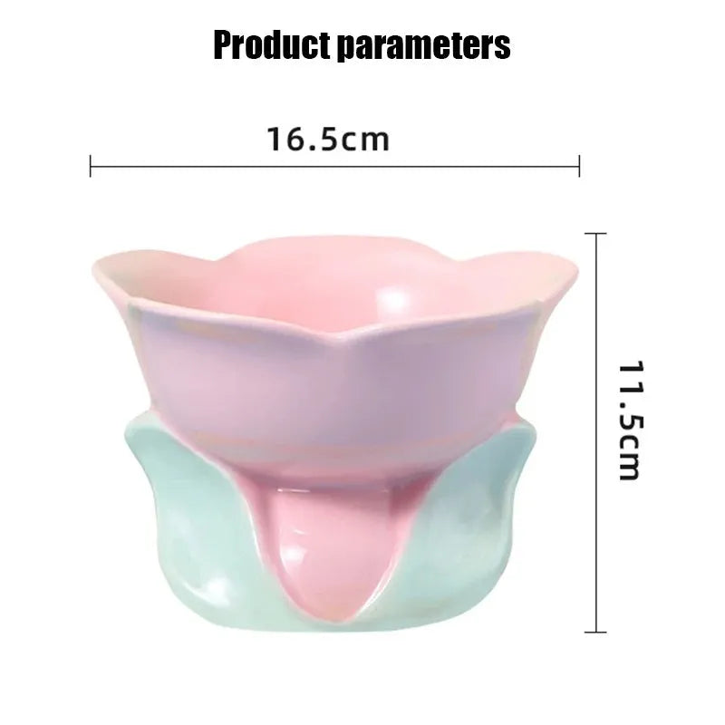 Blue floral patterned ceramic raised pet bowl with non-slip base for cats and small dogs