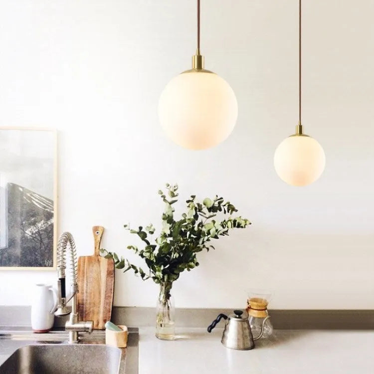 Milk white spherical glass ceiling lamp with copper fitting on ceiling, Nordic style, 15-30cm diameter options