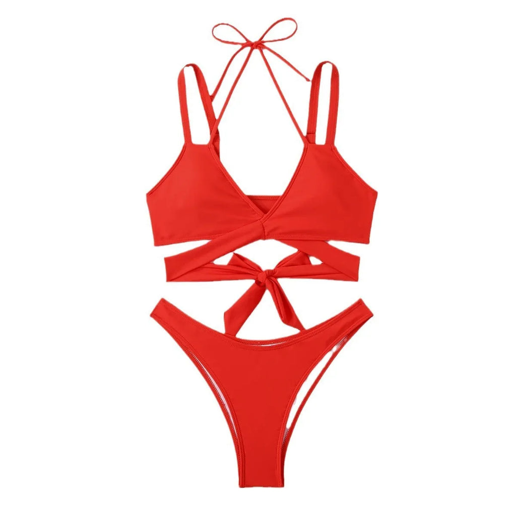 Women's solid colour beach bikini swimsuit in black, red, blue, rose red or white with adjustable straps