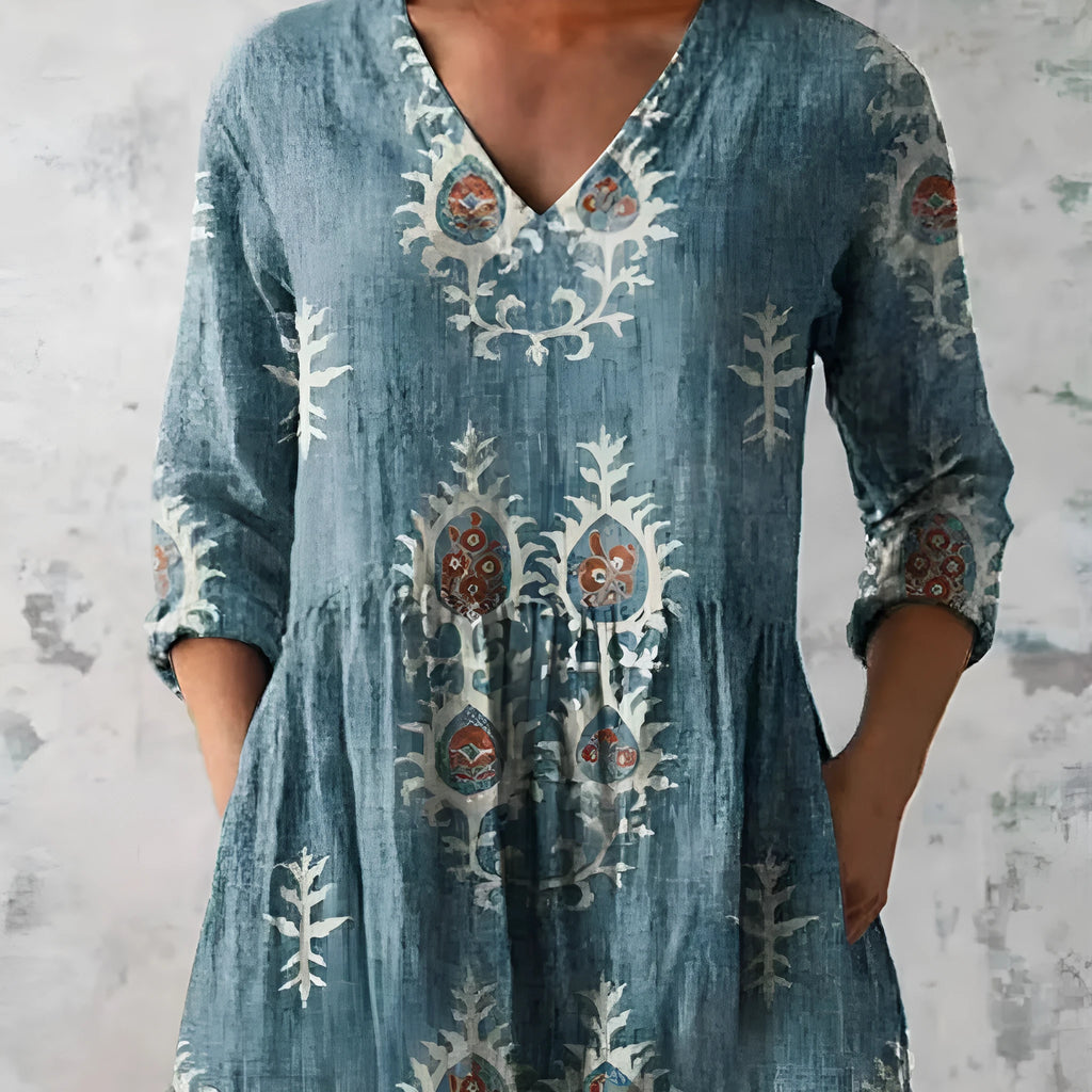 Women's printed polyester dress with 3/4 sleeves and wide waist in multiple pattern styles