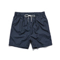 Men's navy blue striped beach shorts with straight leg opening and triangle lining
