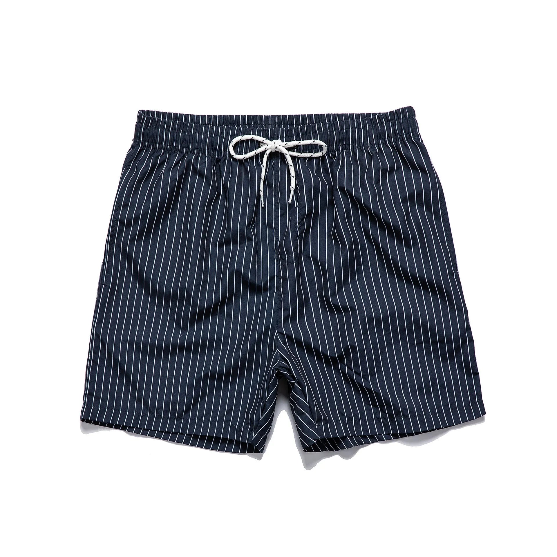 Men's navy blue striped beach shorts with straight leg opening and triangle lining